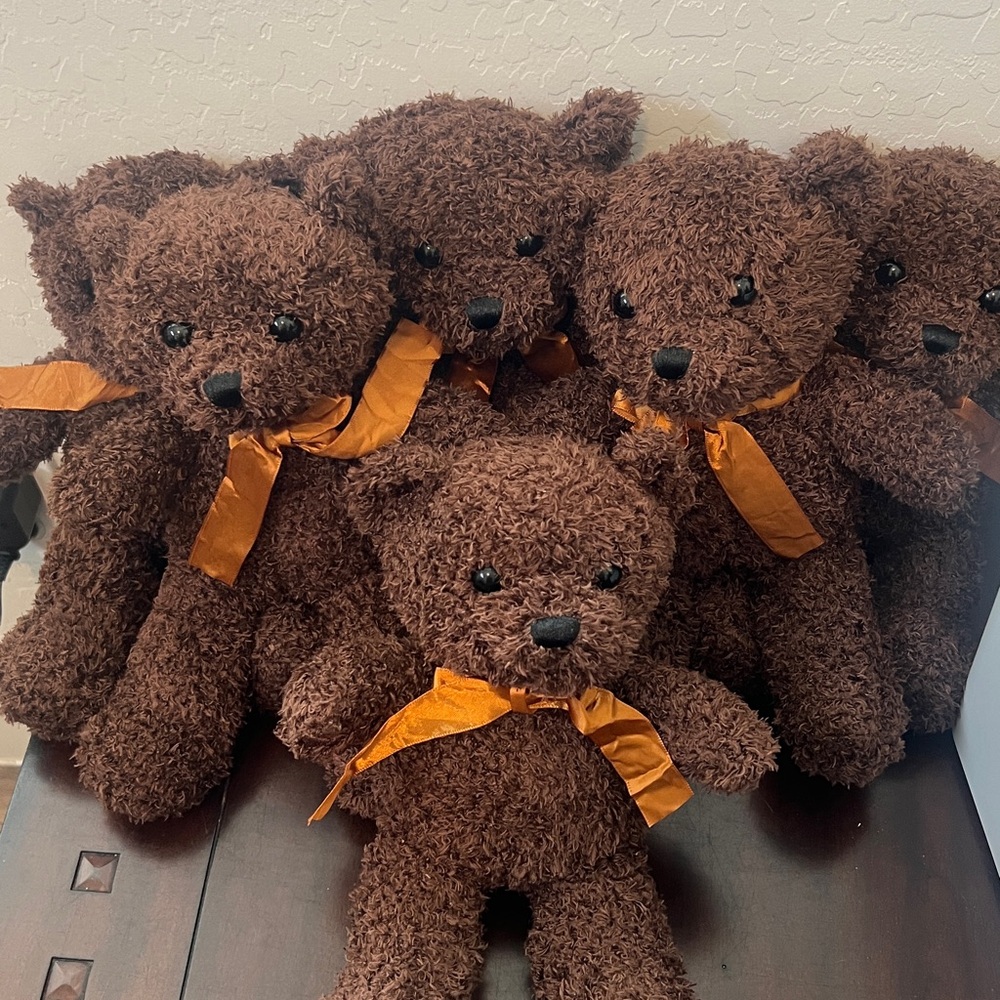 Lot of 6 Charming Brown Stuffed Bears with Orange Bow Ties